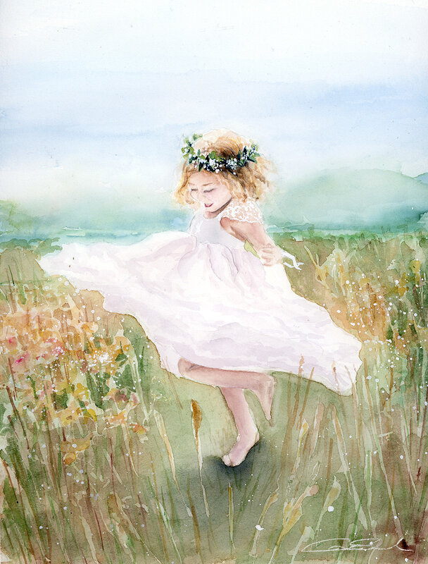 Akvarell Flicka på sommaräng av Cora Eklund