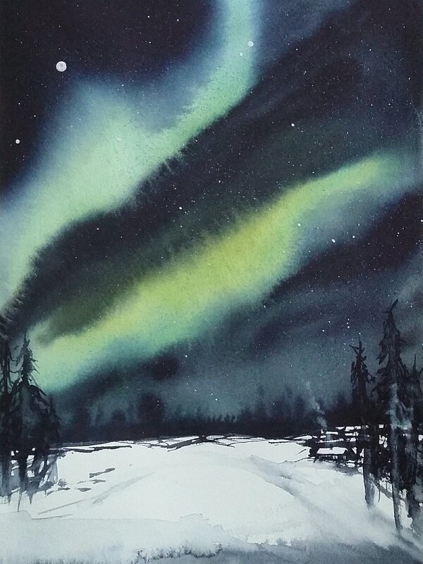 Akvarell Norrsken i Lappland II av Nina Laestander