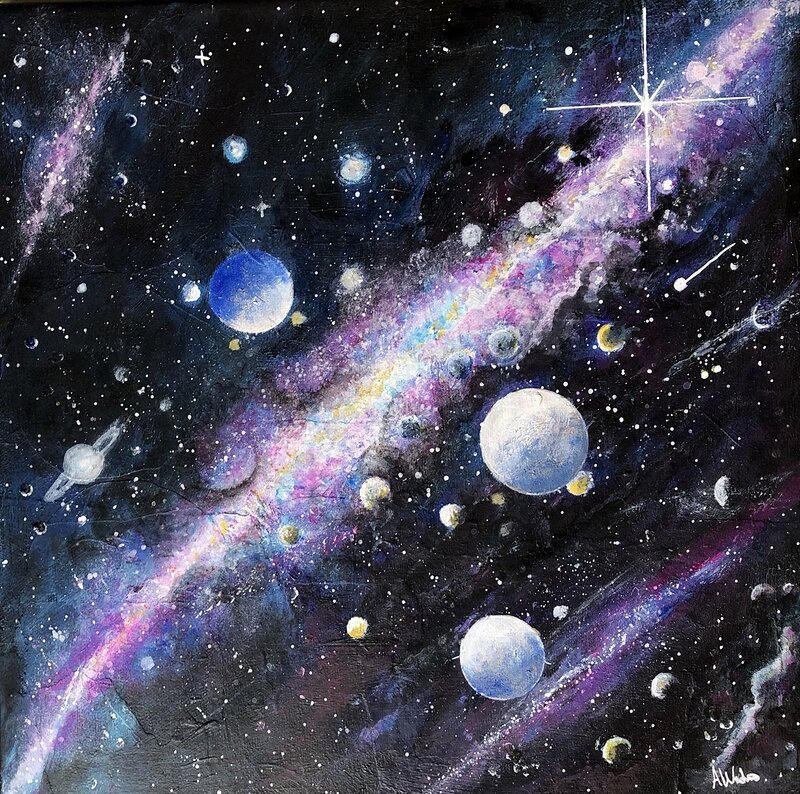 Akrylmålning Planeter och galaxer i rymden. av Annelie Wadin