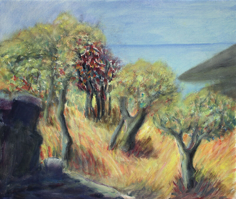 Oljemålning De gamla äppelträden och havet av Gunilla Iversen