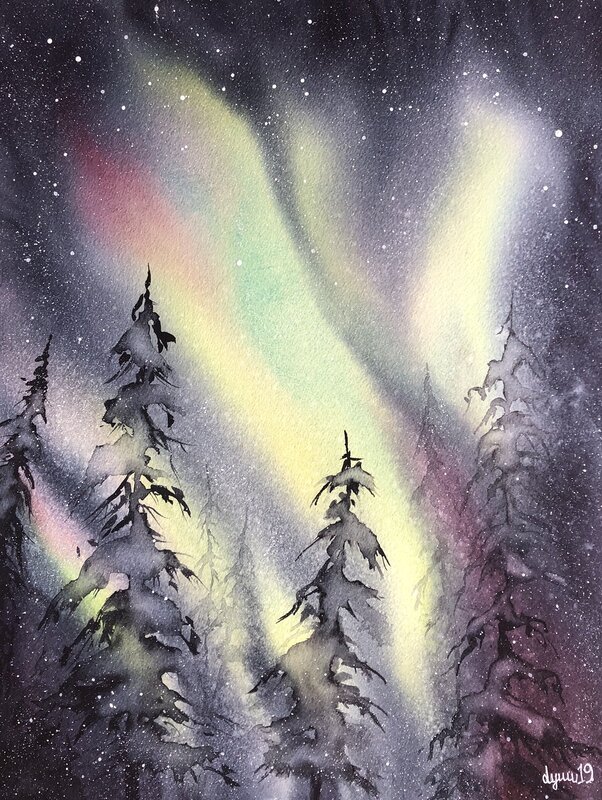 Akvarell Northen Lights Playing av Lynn Hofmann