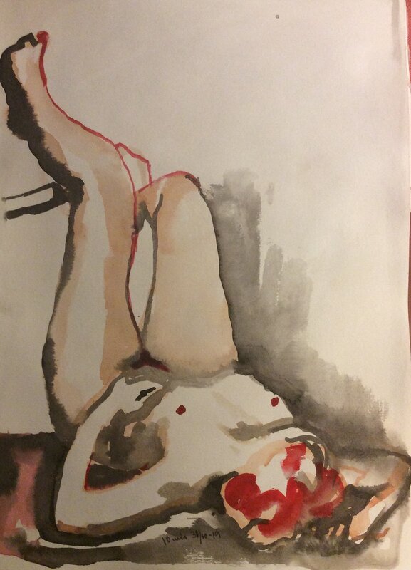 Akvarell Liggande kvinna med ben på stol av Lena Öhman