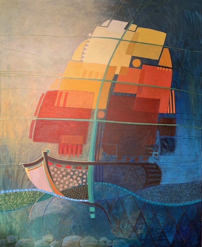 Akrylmålning Ett skepp kommer lastat av Berit Norrbelius Lindberg