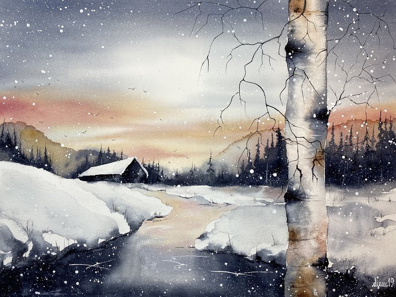 Akvarell Vinterland av Lynn Hofmann