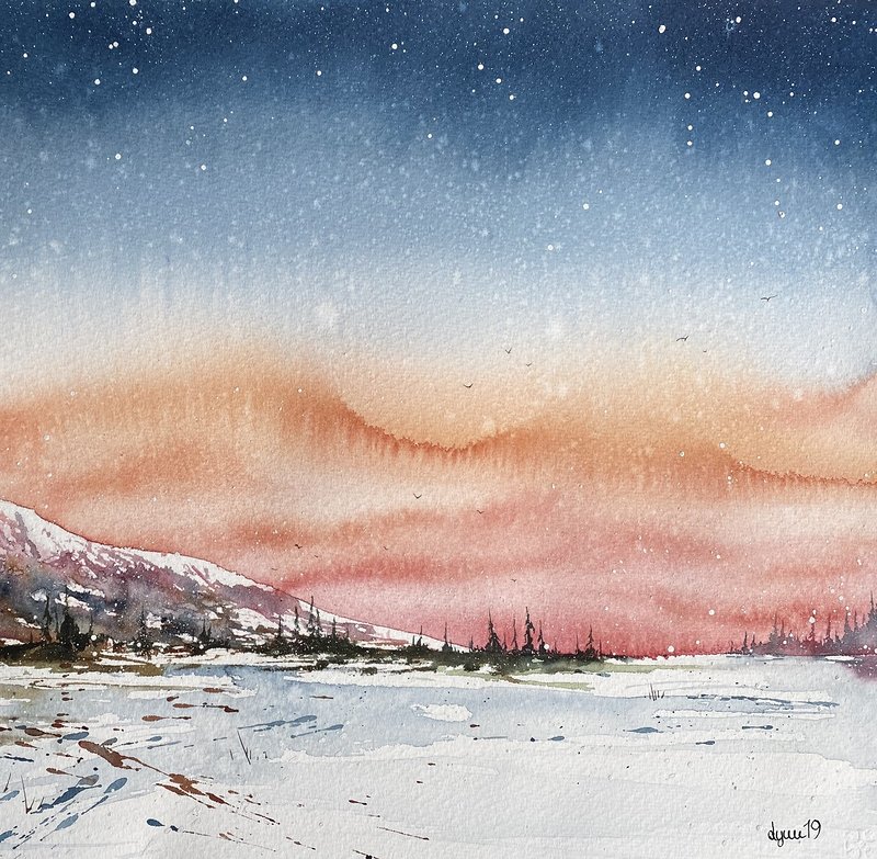 Akvarell Solnedgång över fjällen av Lynn Hofmann