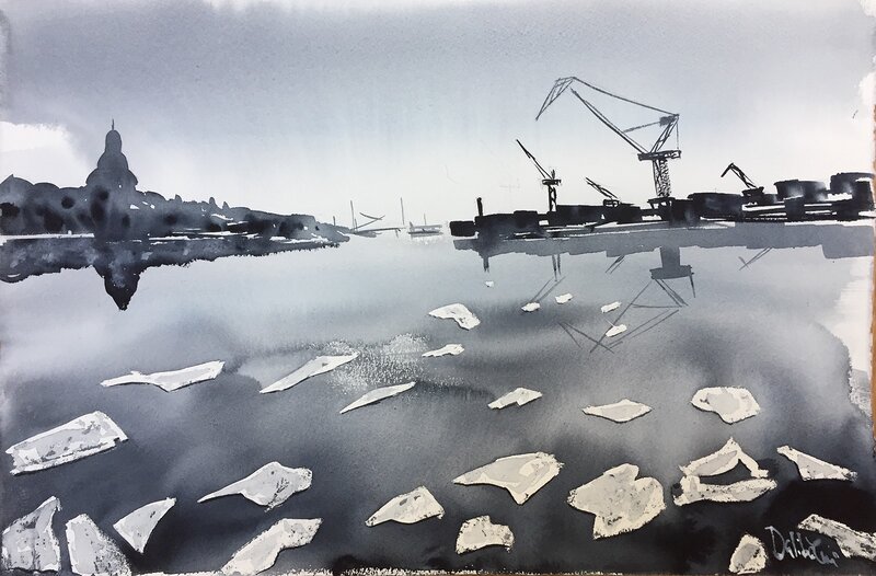 Akvarell Ice floes , Göta Älv av Dalibor Eminefendic