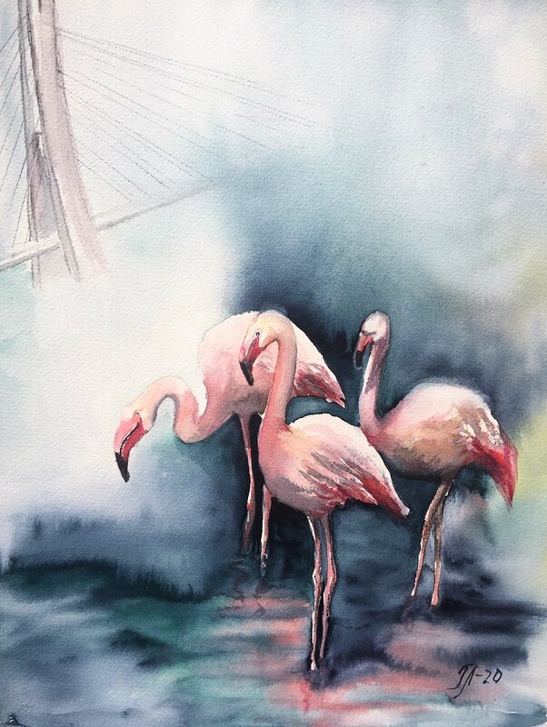 Akvarell Flamingo av Tanya Lundmark