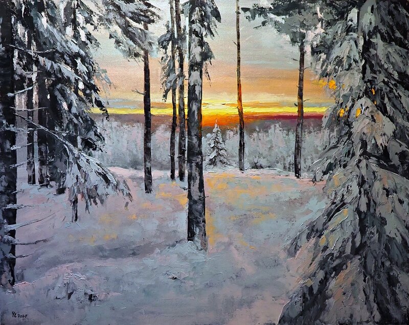Oljemålning Vintermorgon av Yuanyuan Liu