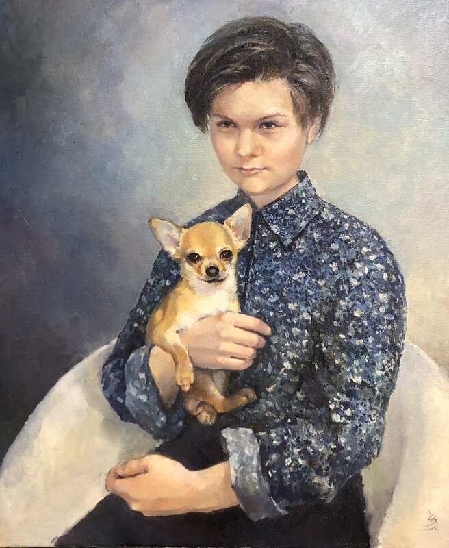 Oljemålning Flickan med hunden av Svetlana Gurko