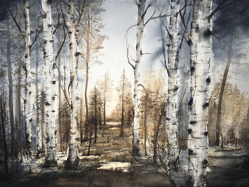 Akvarell Svensk skog av Emelie Klockarås