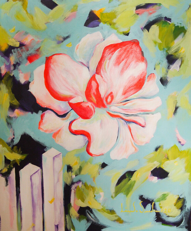 Akrylmålning Blomma vid staket av Linda Sandgren