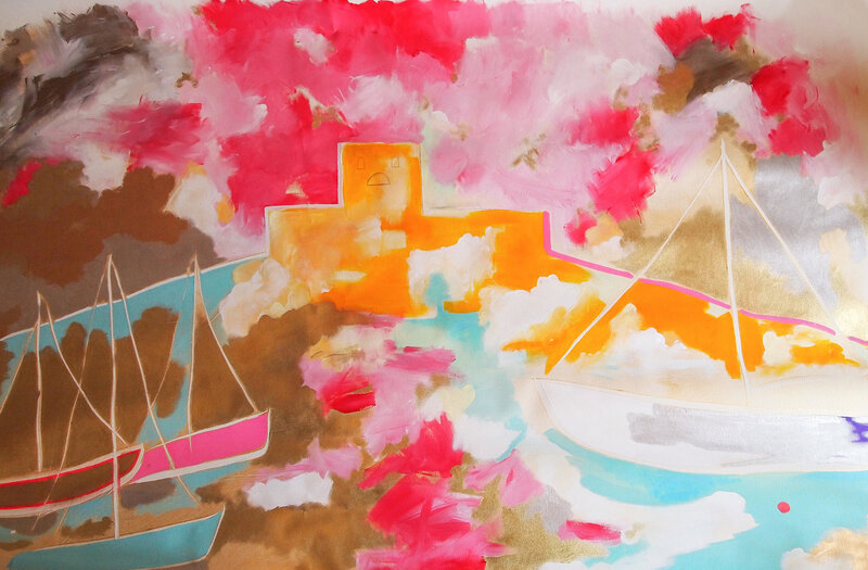 Akrylmålning Carlsten och båtar av Linda Sandgren