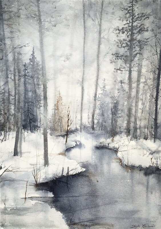 Akvarell Vinterskog (Inramad) av Emelie Klockarås