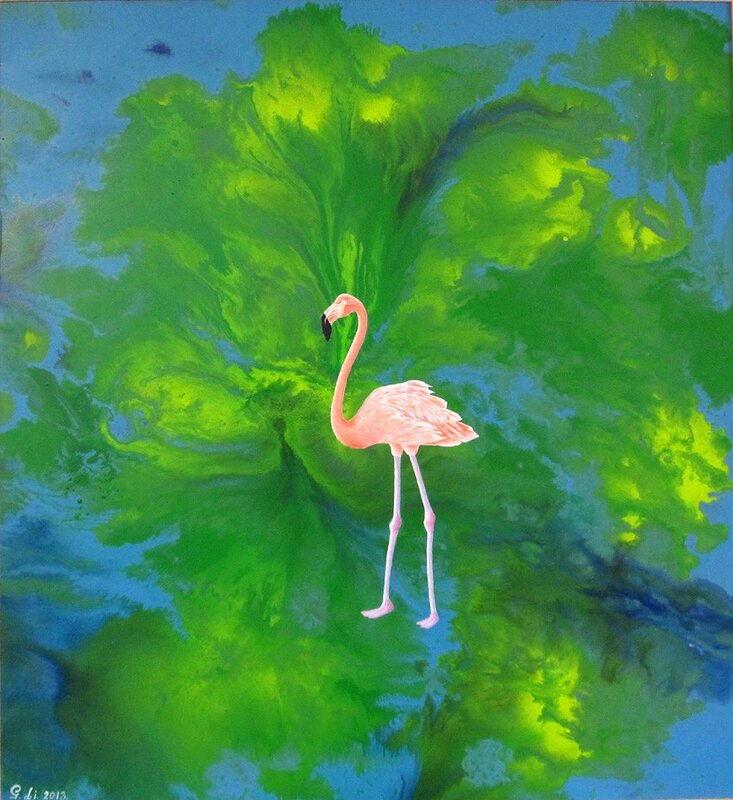 Akrylmålning Flamingo i det gröna av Gösta Lindunger