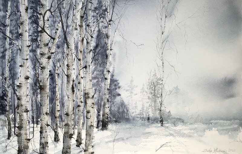 Akvarell Vinterbjörkar (Inramad) av Emelie Klockarås