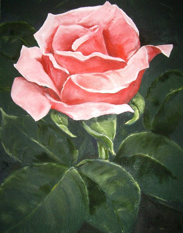 Oljemålning Rosa ros med blad av Helen Boreson Holmberg