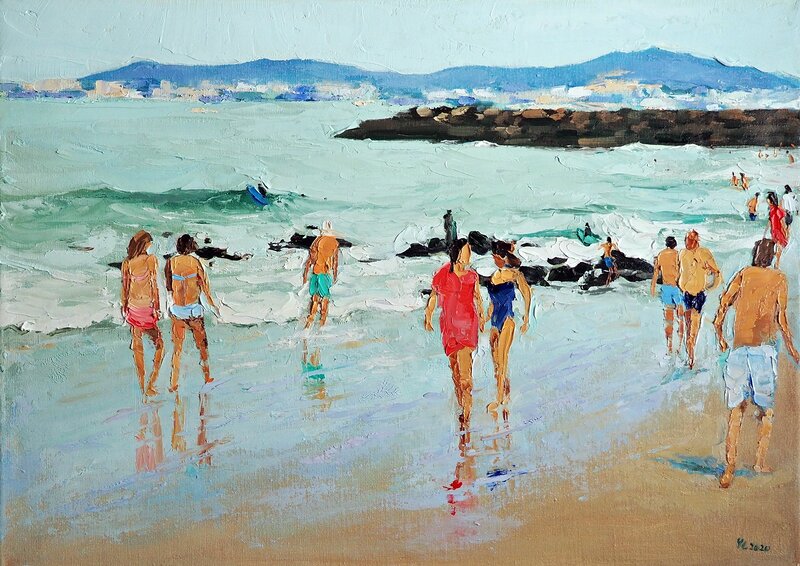 Oljemålning Costa Caparica strand av Yuanyuan Liu