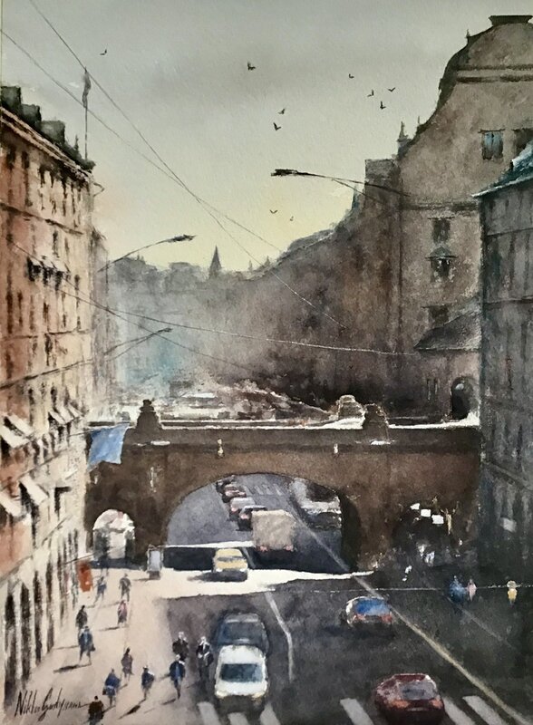 Akvarell Regeringsgatans bro av Niklas Gustafsson