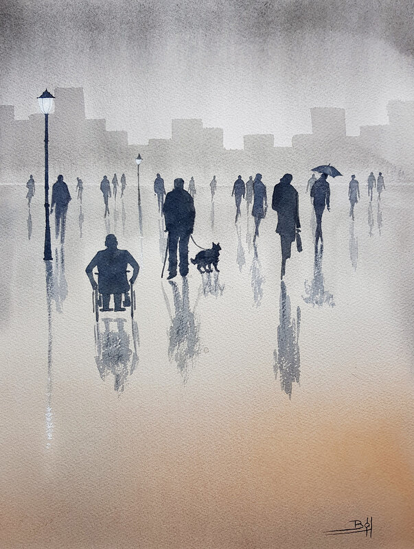 Akvarell Människor och hund, Bo Hoflin