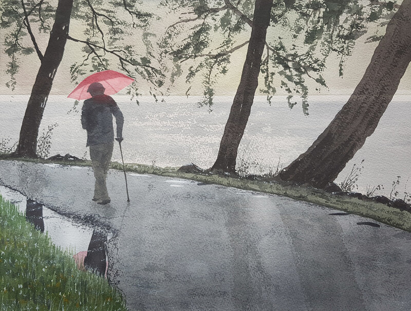 Akvarell Gubbe med paraply av Bo Hoflin