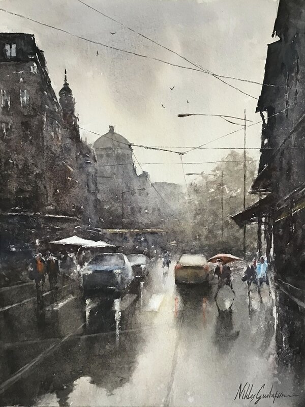 Akvarell Hamngatan i regn av Niklas Gustafsson