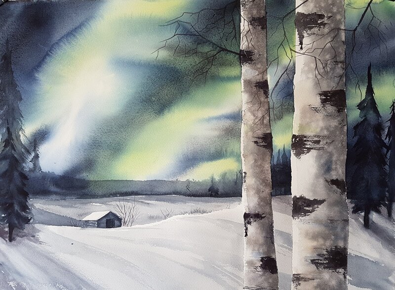 Akvarell Norrsken i Lappland IV av Nina Laestander