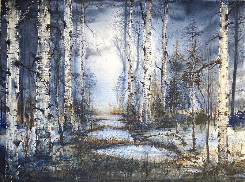 Akvarell Mitt i en skog av Emelie Klockarås