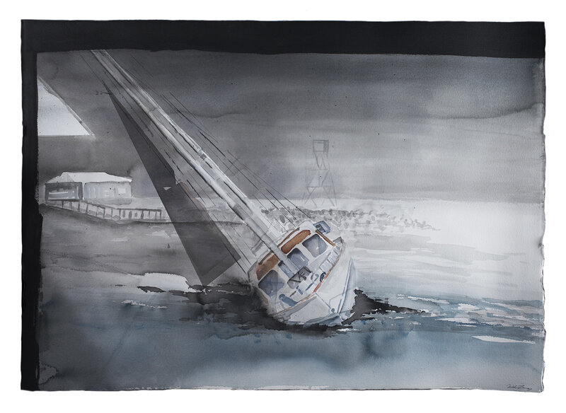 Akvarell Segelbåt på grund av Daniel Zausnig