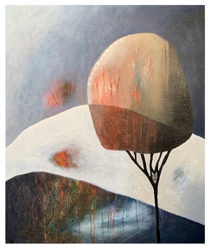 Akrylmålning Träd med räv av Berit Norrbelius Lindberg