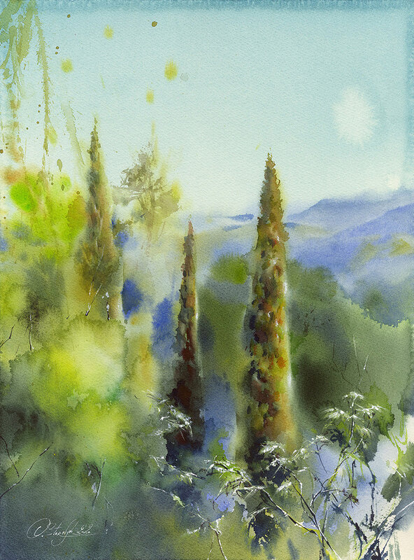 Akvarell Cypresser i Italien av Olga Sternyk