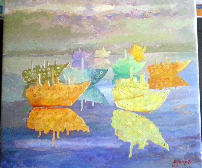 Oljemålning Pappersbåtar 3 av Sebastian Marquez