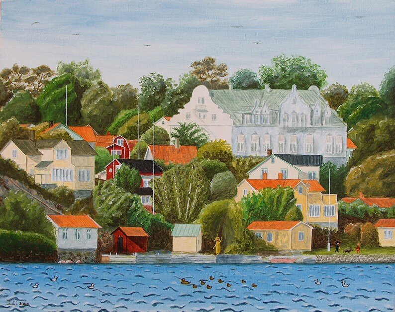 Akrylmålning Dalarö : Bellevue av Gösta Lindunger