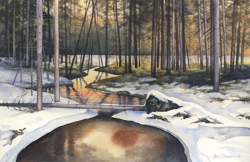 Akvarell Vinterbäck av Maria Tjärnström