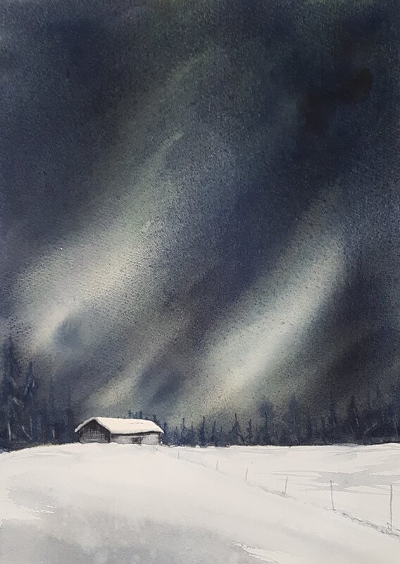 Akvarell Vinternatt av Nina Laestander