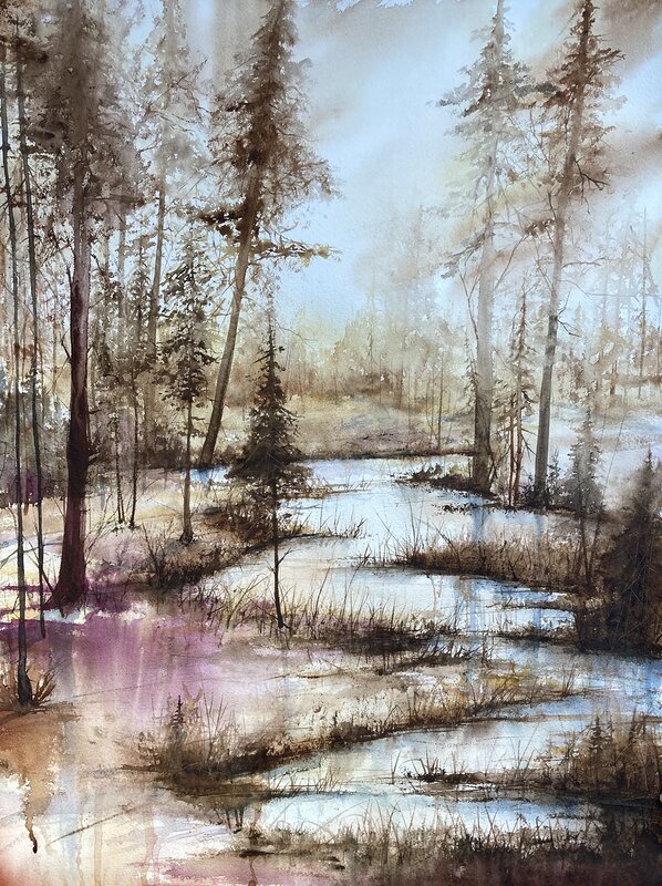 Akvarell Skogs å av Emelie Klockarås