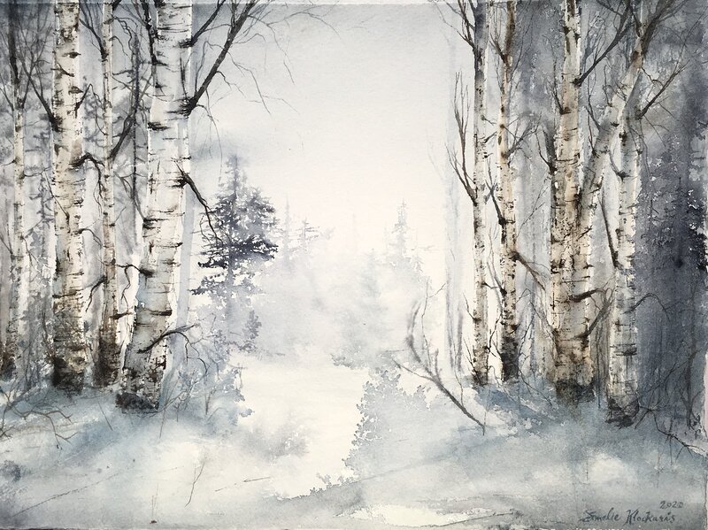 Akvarell Vinterskog av Emelie Klockarås