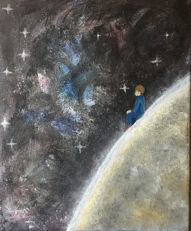 Oljemålning Det sitter en pojke på månen av Berit Badman