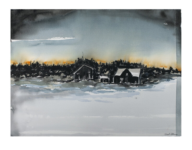 Akvarell Hus i solnedgång av Daniel Zausnig