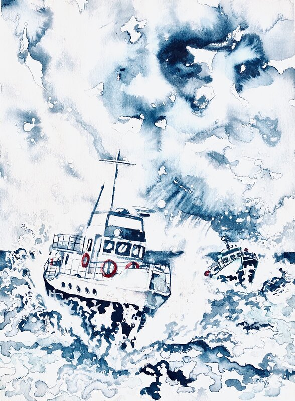 Akvarell Båt i storm av Cécile Hansson