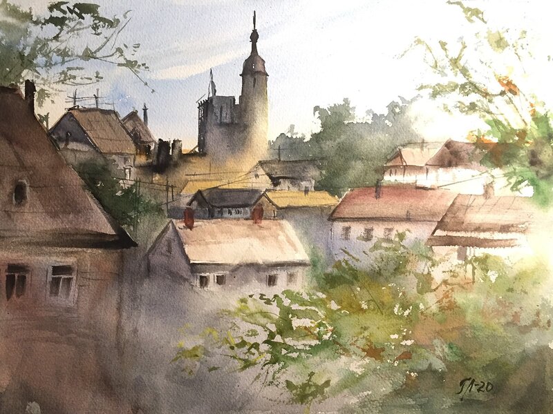 Akvarell Morgon i Honfleur av Tanya Lundmark