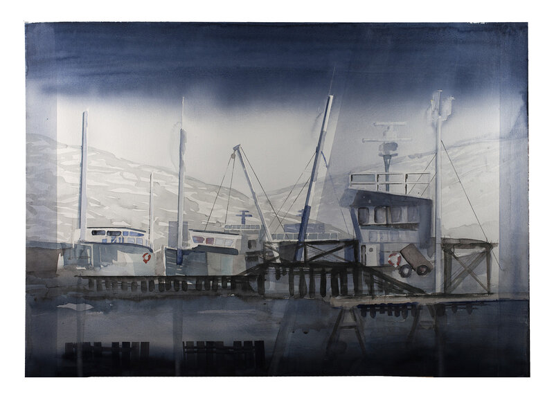 Akvarell Båthamn av Daniel Zausnig
