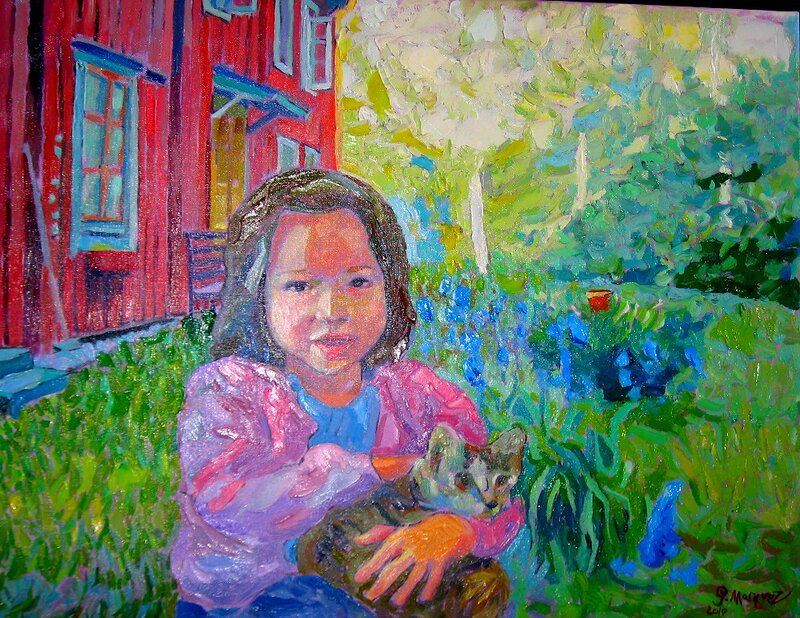 Oljemålning Flicka med katt av Sebastian Marquez