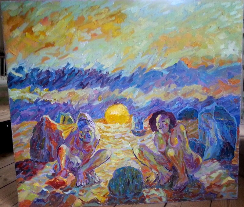 Oljemålning Soluppgång med figurer av Sebastian Marquez