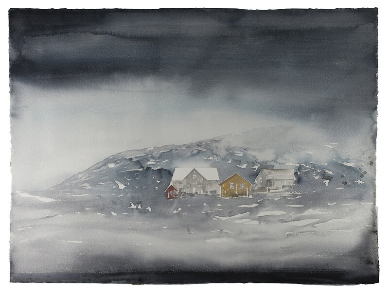 Akvarell Husgrupp i mörkt landskap av Daniel Zausnig
