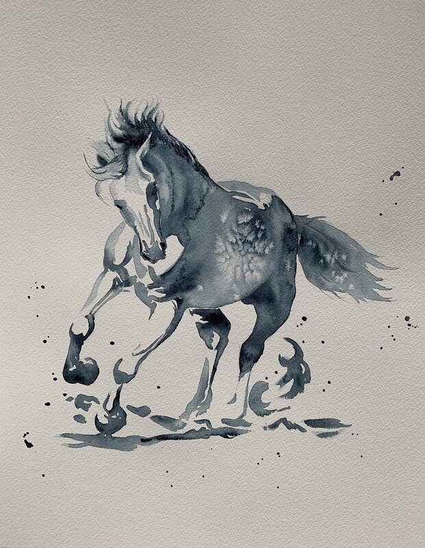 Akvarell Blå häst i rörelse 1 av Ingela Matsson