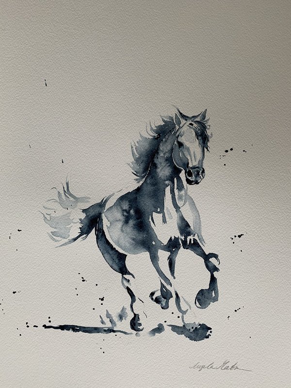 Akvarell Blå häst i rörelse 2 av Ingela Matsson