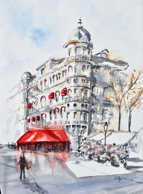 Akvarell Le Grand Café av Cécile Hansson