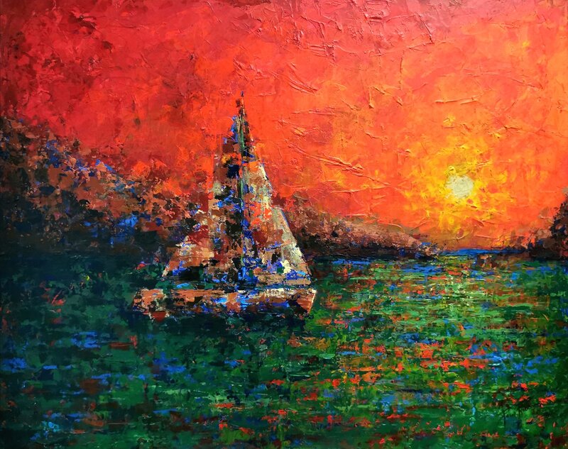 Akrylmålning Sailing into the Sunset av Paula Rindborg