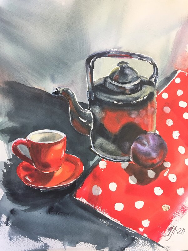 Akvarell Den röda koppen av Tanya Lundmark
