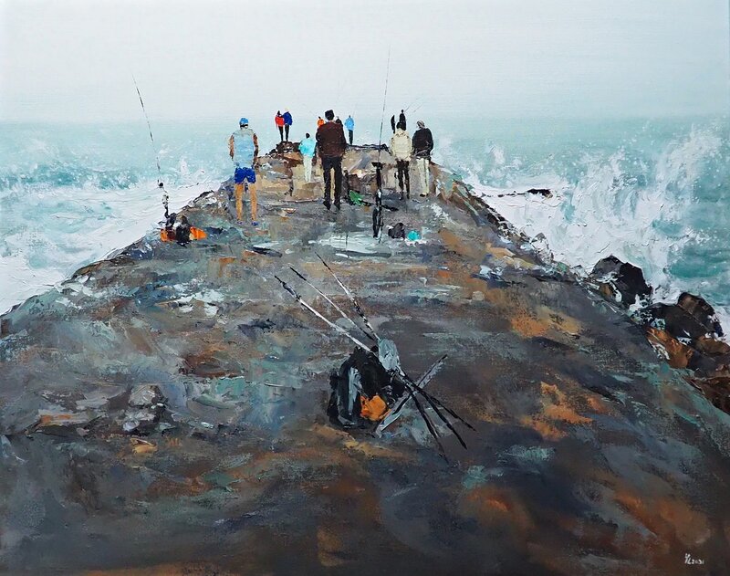 Oljemålning Costa caparica strand av Yuanyuan Liu